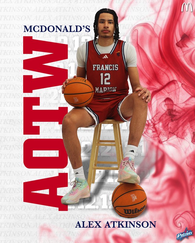 This week's McDonald's Athlete of the Week: Alex Atkinson! 🏀

He averaged 21.0 points, 11.5 rebounds, and 3.5 blocks over two games and shot 84.2% from the floor, powering FMU to wins over Mount Olive and Erskine! #SwampEm #GoPatsGo