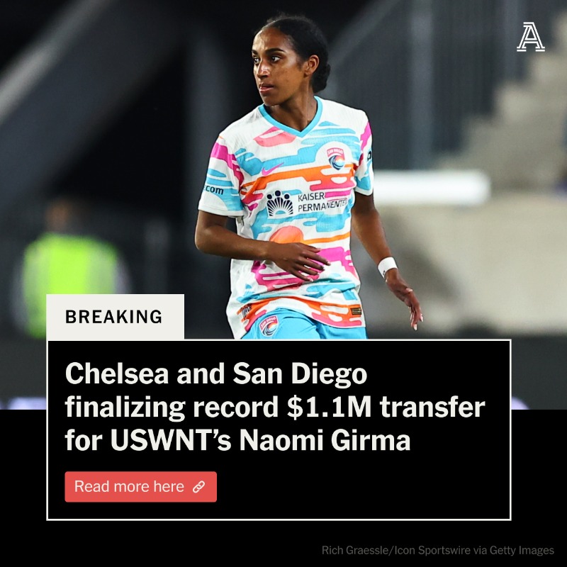 TheAthletic's tweet photo. BREAKING: Chelsea Women have agreed to terms with the San Diego Wave for the transfer of USWNT defender Naomi Girma, sources tell The Athletic.

The 24-year-old is now set to become the first player to earn a transfer fee worth more than $1 million.