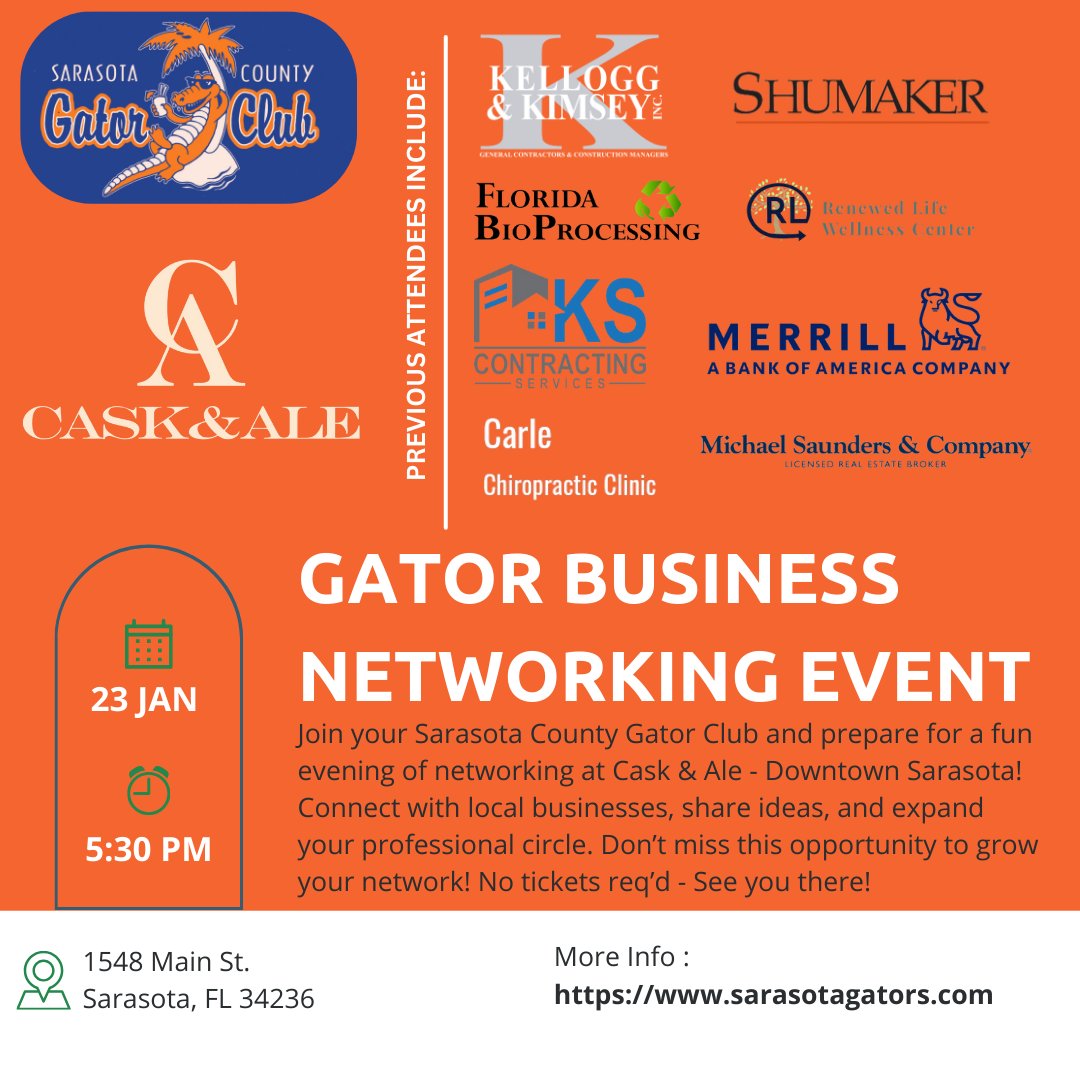 SRQGatorClub's tweet image. Join us in Downtown Sarasota at Cask and Ale on Thursday night at 5:30 p.m. for a free networking event! See you there!