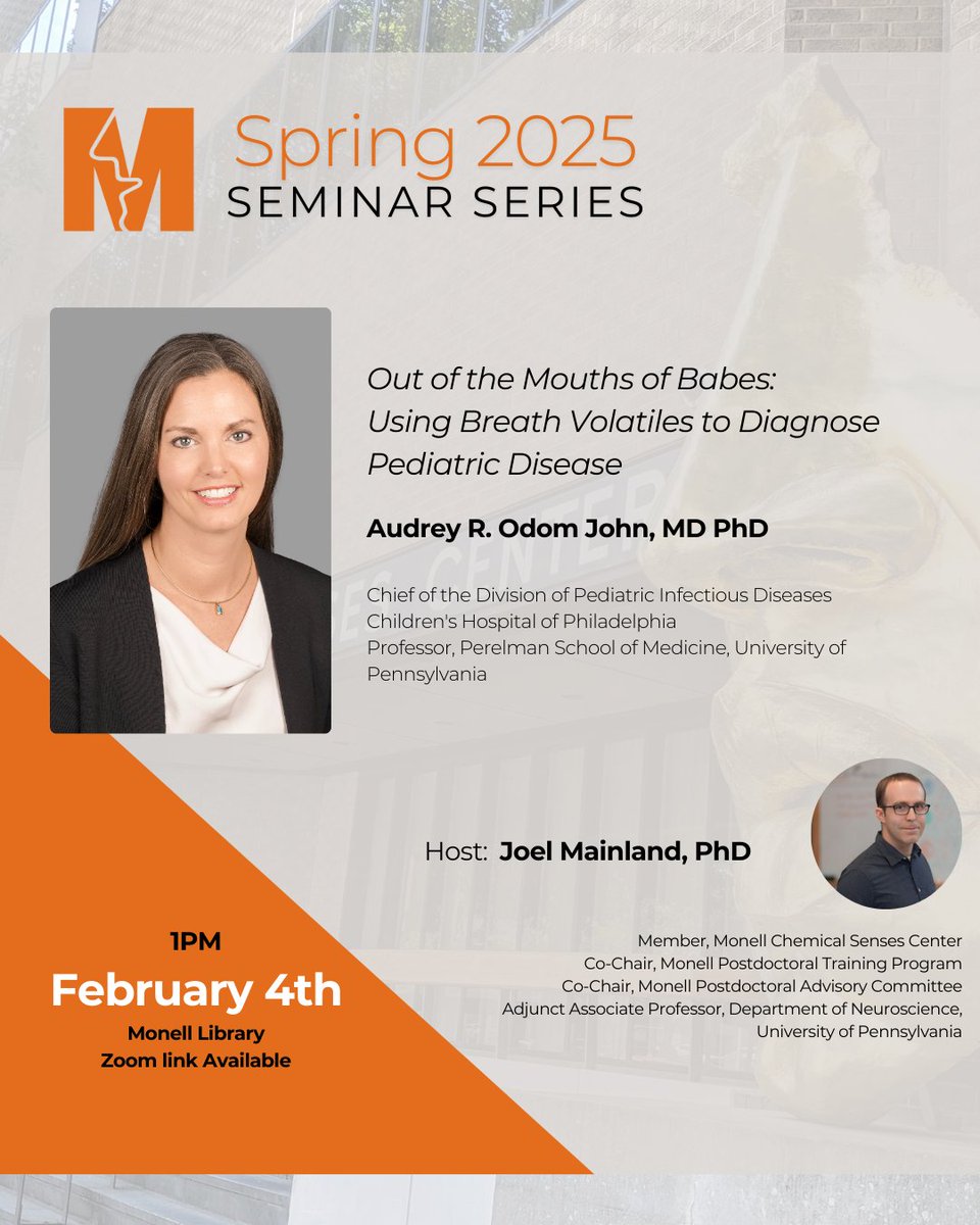 #Register now for the first event of our 2025 seminar series: “Out of the Mouths of Babes: Using Breath Volatiles to Diagnose Pediatric Disease”

Registration link is available on our events page: monell.org/events.