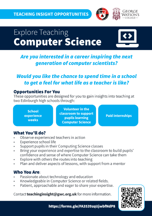 Are you studying a CS related degree &amp; considering a career as a CS teacher? Apply for this fantastic teaching insight opportunity!

Gain valuable classroom experience, explore school life, &amp; experience life as a CS teacher.
 
Apply docs.google.com/forms/d/e/1FAI…
#TeachComputingScience