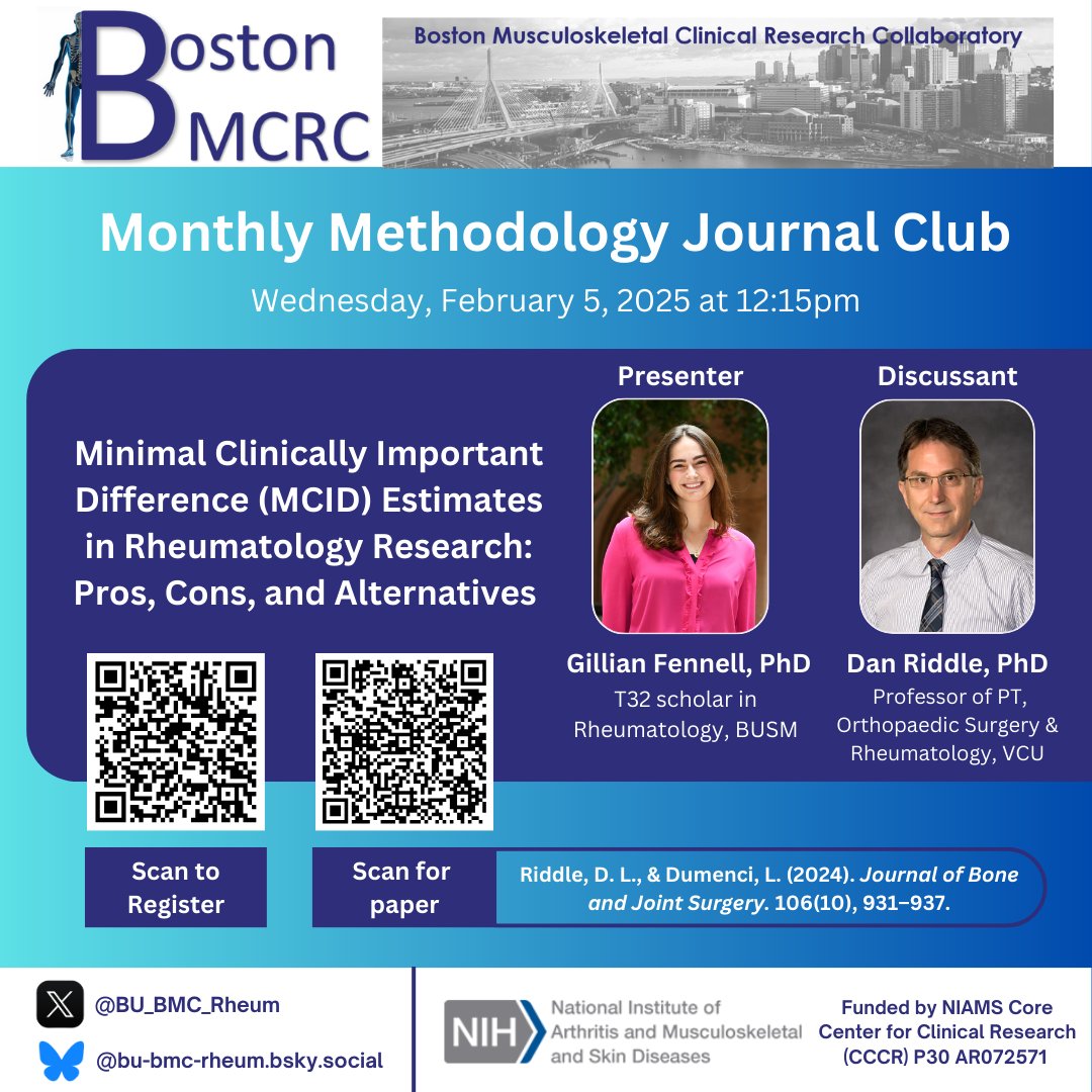 BU_BMC_Rheum's tweet photo. Our next #methodologyjournal club is Wednesday, February 5th at 12:15pm ET

🎙️Gillian Fennell will be presenting and Dan Riddle will be the guest discussant

📅Registration link: https://t.co/9M48DdDbHe

🔗Paper link:
https://t.co/53aFYNpNoz https://t.co/9PvyrLeUB3