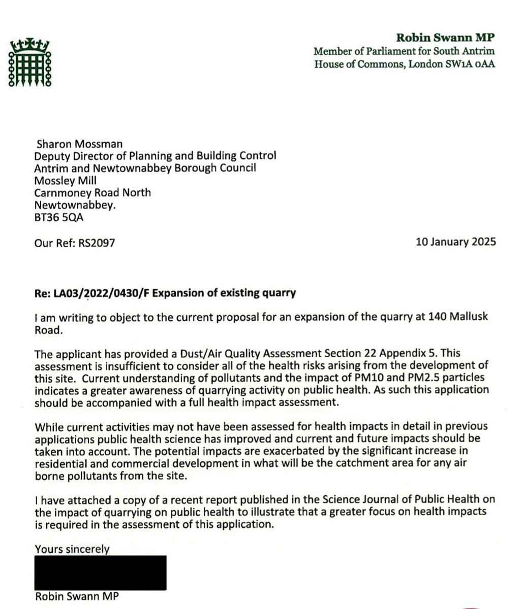 Thank you to <a href="/RobinSwann_MP/">Robin Swann MP</a> for his objection, citing serious concerns regards air quality and health. <a href="/SteveAikenUUP/">Dr Steve Aiken OBE</a> <a href="/JohnBlairAPNI/">John Blair MLA</a>  <a href="/CatharineHoey/">Kate Hoey</a> <a href="/PamCameronDUP/">Pam Cameron MLA</a> <a href="/foe_ni/">Friends of the Earth NI</a> <a href="/ShaunaReports/">Shauna Corr 🌍</a> <a href="/NotInHightown/">No-ARC21</a> <a href="/markcosgrove10/">mark cosgrove</a> <a href="/Barry_ndgreen/">Cllr Barry McKee</a> <a href="/MalluskSinnFein/">Mallusk Sinn Féin</a>