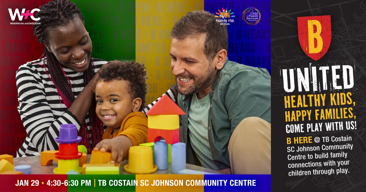 B UNITED and discover how play can help your children learn and grow, while building family relationships. Come enjoy the power of play at T.B. Costain-SC Johnson Community Centre on Wednesday, January 29th from 4:30 to 6:30 p.m.

Learn more at Brantford.ca/BUnited