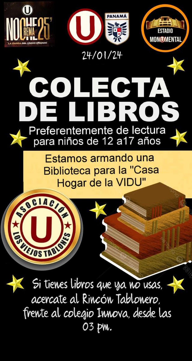 Mente sana en cuerpo sano.
Los Viejos Tablones estamos haciendo una colecta de libros para implementar una biblioteca en la VIDU. Tienes la oportunidad de ser parte de esta gran iniciativa donando libros y/o útiles escolares. 
Cuando? El día de la noche crema.
Donde? En las ya