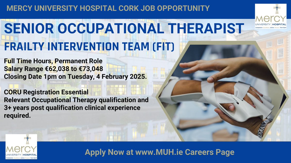 Deirdre O'Riordan (@deeoriordan8) on Twitter photo ⭐#SeniorOccupationalTherapist Job Opportunity in Frailty Intervention Therapy (#FIT) with <a href="/Mercycork/">Mercy University Hospital Cork</a> !
Perm, Full Time Role
#OccupationalTherapy qual and #CORU reg required.
See more details and to apply: api.occupop.com/shared/job/sen…
#HSEjobs #NHSJobs #MercyUniversityHospital ⭐#SeniorOccupationalTherapist Job Opportunity in Frailty Intervention Therapy (#FIT) with <a href="/Mercycork/">Mercy University Hospital Cork</a> !
Perm, Full Time Role
#OccupationalTherapy qual and #CORU reg required.
See more details and to apply: api.occupop.com/shared/job/sen…
#HSEjobs #NHSJobs #MercyUniversityHospital