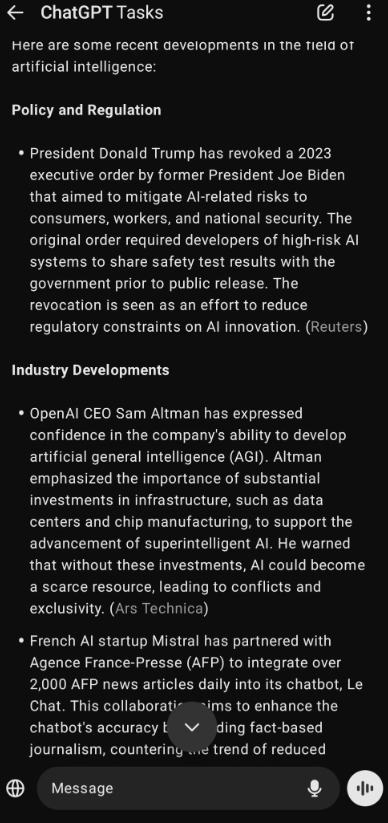 you_know_ai's tweet photo. Just tried ChatGPT's tasks. I asked it to send me a daily list of new AI stories. 

And lo and behold I just got a notification! https://t.co/w5EOXNJazp