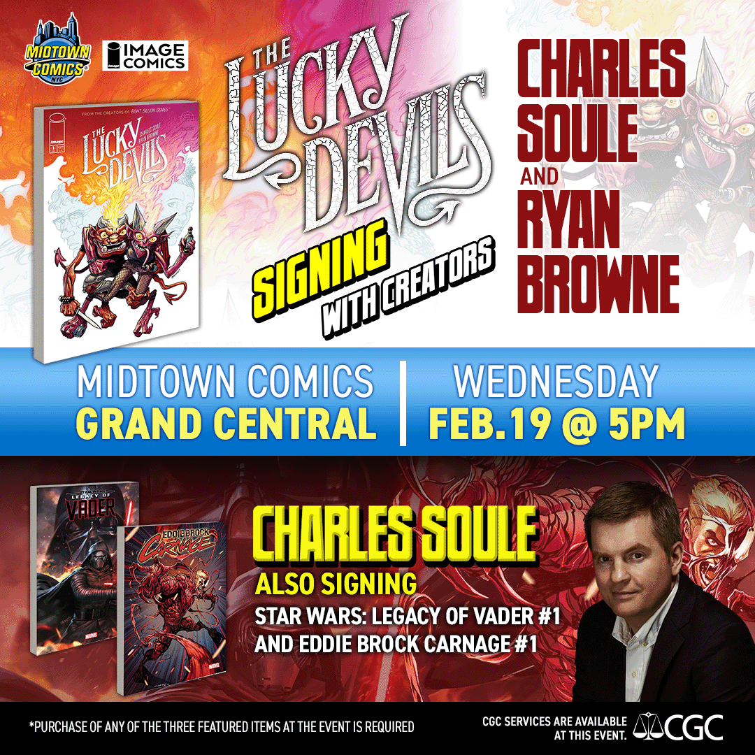 MidtownComics's tweet photo. The basic INFO:
๐WHO: Charles Soule + Ryan Browne
๐WHERE: Midtown Comics GRAND CENTRAL
๐WHEN: WED FEB 19 @ 5 pm
๐WHAT: Signing for The Lucky Devil
#nyc #grandcentral @charlessoule #ryanbrowne #comicbookshop #comicbooksigning #comicartist #nycsigning #imagecomics https://t.co/9x605hKMK0