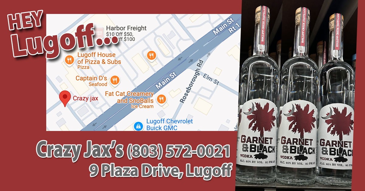 Garnet &amp; Black Vodka on the TOP SHELF at Crazy Jax's in Lugoff! Stop by and grab a bottle or two, it's a great way to support local business and our USC athletes!
#GarnetandBlackVodka #OfficialNIL #CrazyJaxs #lugoffsc #HollowCreekDistillery