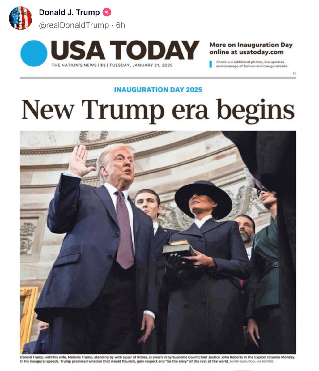 patriottakes's tweet photo. Trump posts photo of himself refusing to place his hand on the Bible for his oath of office https://t.co/NEpQg4Mksw