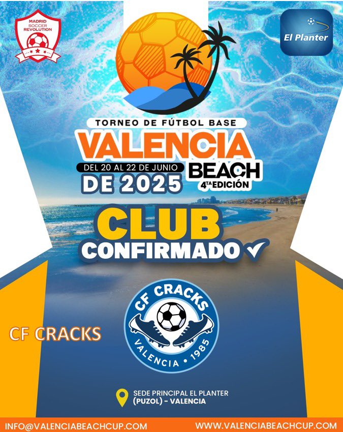 🎯𝐃𝐚𝐦𝐨𝐬 𝐥𝐚 𝐛𝐢𝐞𝐧𝐯𝐞𝐧𝐢𝐝𝐚 𝐚 <a href="/CFCRACKS/">C.F. CRACKS</a> 
#𝐕𝐚𝐥𝐞𝐧𝐜𝐢𝐚𝐁𝐞𝐚𝐜𝐡 2025

👤¿Quieres ser el siguiente equipo? ⚽️Juega la Valencia Beach 2025 y financia el viaje con Rifa 🎟

🧒👧 Todas las Categorías Masculinas y Femeninas
➕ℹ️ 📲 +34 622 749 008

#torneoverano