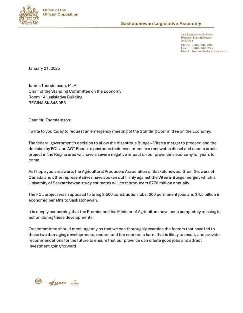 ABtythiessen4's tweet photo. This afternoon, the Deputy Chair of #Saskatchewan’s Standing Committee on the Economy, @tajindergrewal, asked the chair to call an emergency meeting to assess the economic consequences of the Bunge-Viterra merger and the pausing of a major value-added investment project.

#skpoli https://t.co/IvrUaq589z