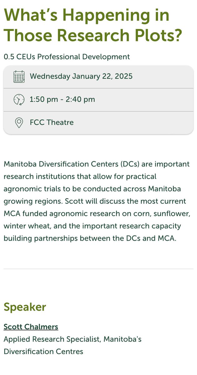 What’s Happening in Those Research Plots?
🗓️ Wednesday, Jan 22 | 🕒 1:50–2:40 PM
📍 FCC Theatre <a href="/MBAgDays/">Manitoba Ag Days</a> 
Join <a href="/scottchalmers15/">Scott Chalmers</a> to explore <a href="/mb_cropalliance/">Manitoba Crop Alliance</a> funded research on corn, sunflower, winter wheat &amp; the partnerships fueling innovation at Manitoba Diversification Centres!