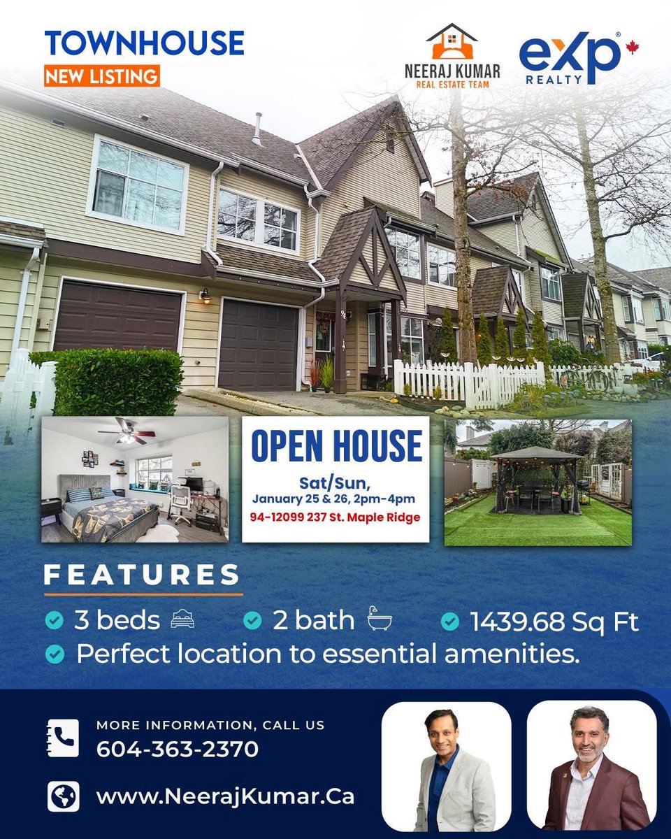 Anyone looking for a beautiful townhouse in Metro Vancouver, look no further and check this listing out  nkre.ca/94-12099-237-s…
.
.
.
.
#NeerajKumar #RealEstate #MapleRidge #Townhouse #MetroVancouver #Realtor