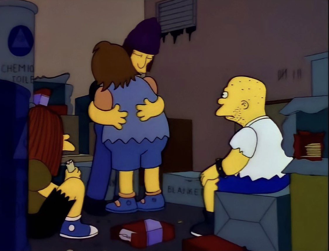 Jimbo and Nelson embracing as Dolph and Kearney look on