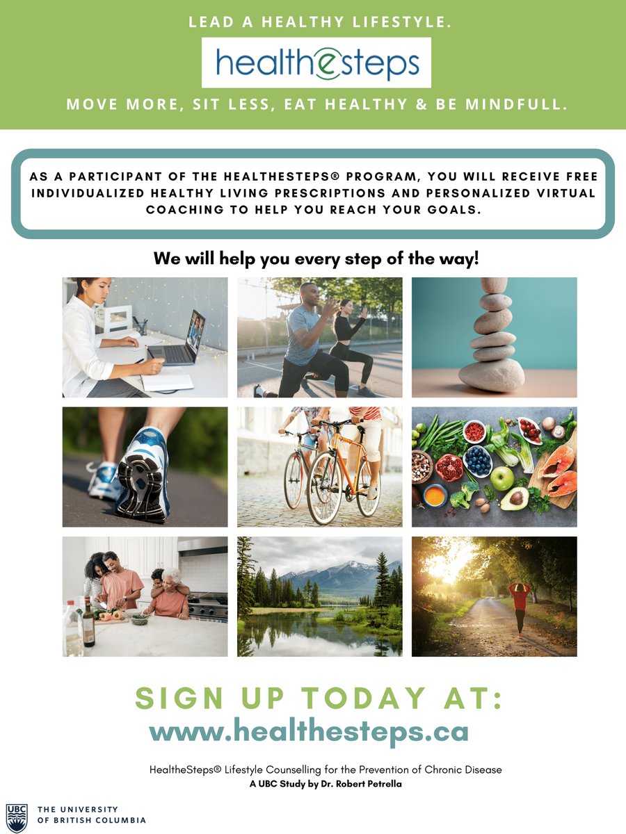 HealtheSteps® is a free, 6-month virtual initiative helping adults boost physical activity, reduce sedentary behavior, connect with nature, and improve wellbeing. Coaches offer one-on-one support for sustainable changes. Patients &amp; self-referrals welcome! healthesteps.ca