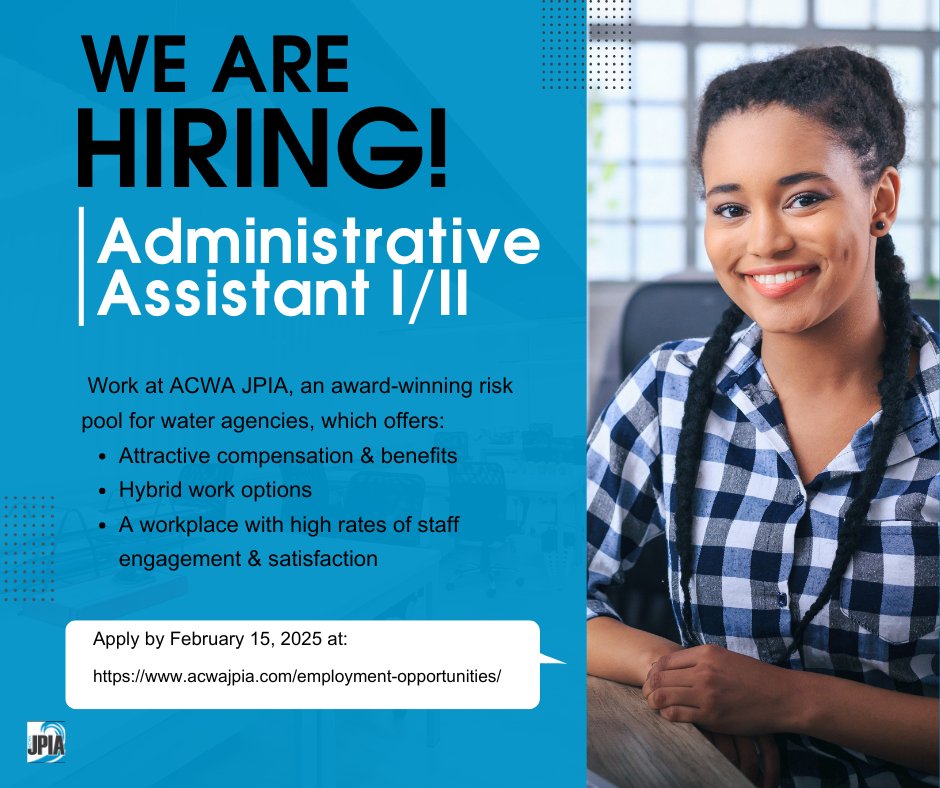 ACWAJPIA's tweet photo. 📢 We're hiring! ACWA JPIA is seeking an Administrative Assistant I/II to join our award-winning team in Roseville, CA. Flexible work options, great team environment, and growth opportunities await. Apply now: https://t.co/sYXwMy19MT https://t.co/4y7K5KD6T8