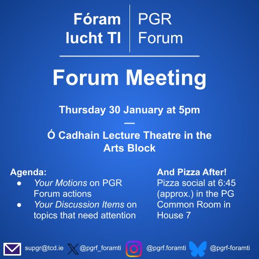 Now that term has begun, we have another Forum Meetings coming up! Come join us to decide PGRF policy and join the movement

Place - Ó Cadhain lecture theatre
Time - 30 January at 5pm