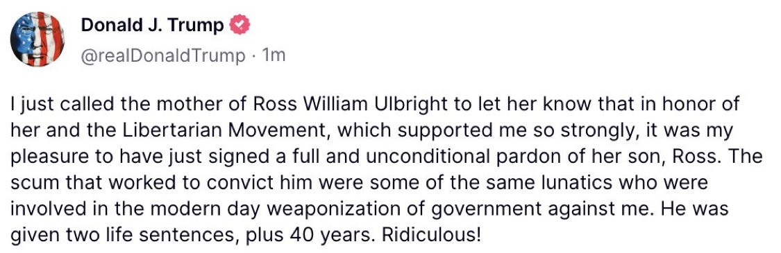 Trump Pardons Ross Ulbright

The timeline has become epic $TRUMP