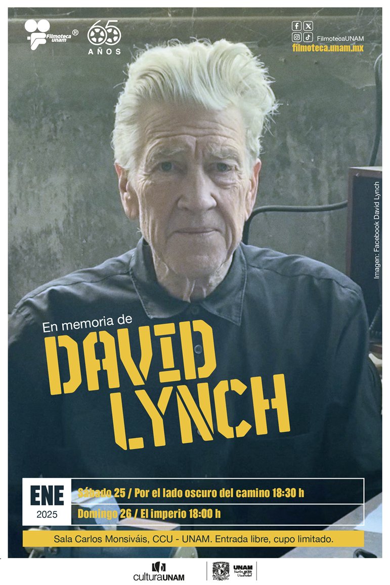 🎬Rendimos un breve pero sensible homenaje a David Lynch, uno de los mejores realizadores de todos los tiempos, con la exhibición de dos de sus películas: 'Lost Highway' e 'Inland Empire'.

🗓️25 y 26 de enero, respectivamente.
📍Sala Carlos Monsiváis #CCU
#EntradaLibre