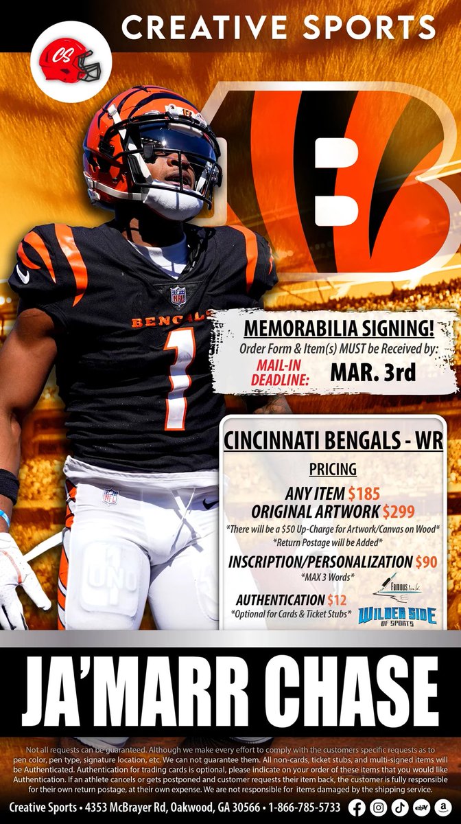 _CreativeSports's tweet photo. 🐅Ja'Marr Chase Autograph Signing🐅
Creative Sports is excited to announce we are now accepting mail order for Triple Crown Winner
Ja'Marr Chase!
Any Item - $185
Inscriptions - $90
Deadline is March 3rd so get your items in! https://t.co/p1fT1rP6U3