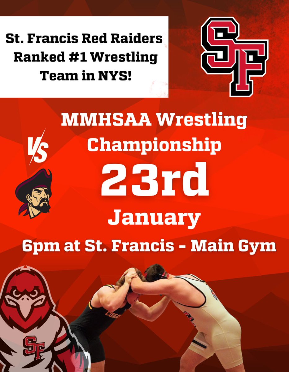 St.Francis Wrestling (@sfhswrestlingny) on Twitter photo MMHSAA Championship Match
#1 WNY & NYS St. Francis Red Raiders vs. #10 WNY <a href="/SJCIWrestling/">St. Joe's Wrestling</a> this Thursday at home, 6:00pm.
<a href="/Matt_ORourke1/">Matt O</a> <a href="/wnywrstlcentral/">WNY Wrestling Central</a> <a href="/WNYAthletics/">WNY Athletics</a> <a href="/wnywrestling/">armdrag.com</a> <a href="/bufnewspreptalk/">BuffaloNewsPrepTalk</a> <a href="/NYwrestlingnews/">New York Wrestling News</a> <a href="/Stfrancishigh/">St. Francis High School</a> <a href="/SFHS_Athletics/">SFHS Athletics</a> <a href="/SecVIWrestling/">Section VI Wrestling</a> <a href="/CHSAA_Wrestling/">CHSAA Wrestling</a> MMHSAA Championship Match
#1 WNY & NYS St. Francis Red Raiders vs. #10 WNY <a href="/SJCIWrestling/">St. Joe's Wrestling</a> this Thursday at home, 6:00pm.
<a href="/Matt_ORourke1/">Matt O</a> <a href="/wnywrstlcentral/">WNY Wrestling Central</a> <a href="/WNYAthletics/">WNY Athletics</a> <a href="/wnywrestling/">armdrag.com</a> <a href="/bufnewspreptalk/">BuffaloNewsPrepTalk</a> <a href="/NYwrestlingnews/">New York Wrestling News</a> <a href="/Stfrancishigh/">St. Francis High School</a> <a href="/SFHS_Athletics/">SFHS Athletics</a> <a href="/SecVIWrestling/">Section VI Wrestling</a> <a href="/CHSAA_Wrestling/">CHSAA Wrestling</a>