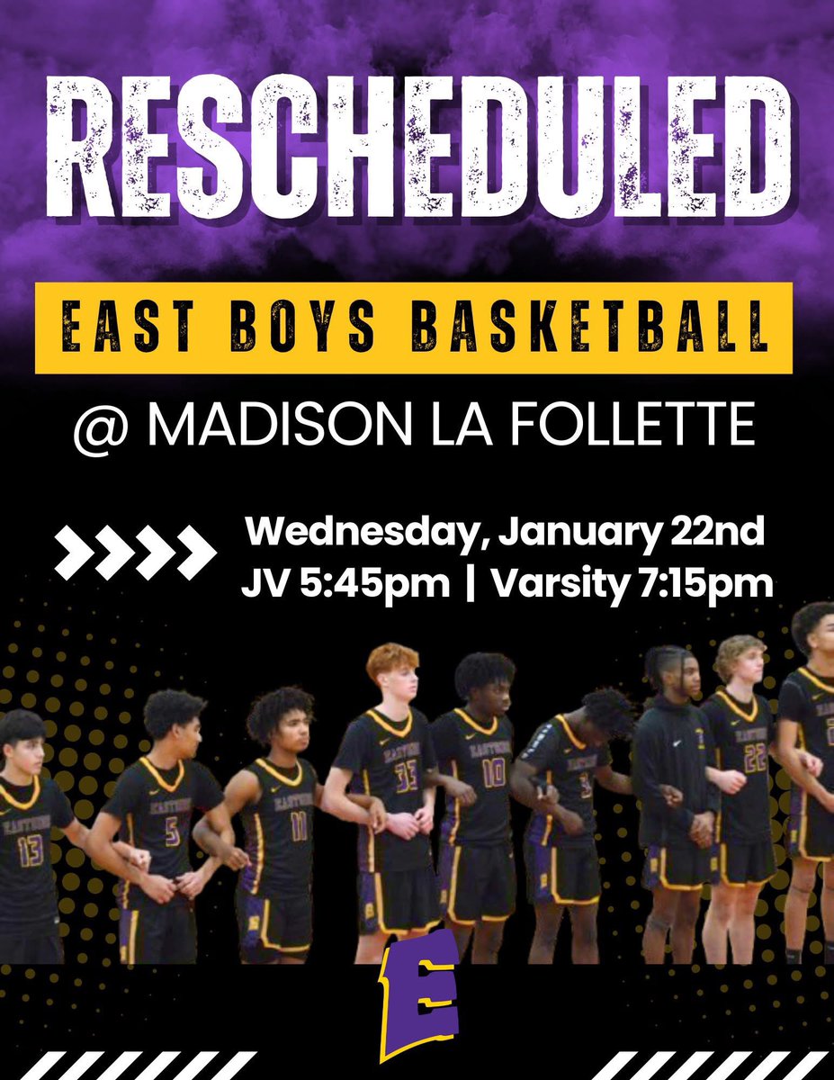 Due to inclement weather, tonight's Boys Basketball games have been rescheduled to tomorrow.

Our Madison East High School Purgolders take on the Lancers at La Follette.

Wednesday, January 22nd, 2025
JV1 5:45pm | Varsity 7:15pm
Madison La Follette High School