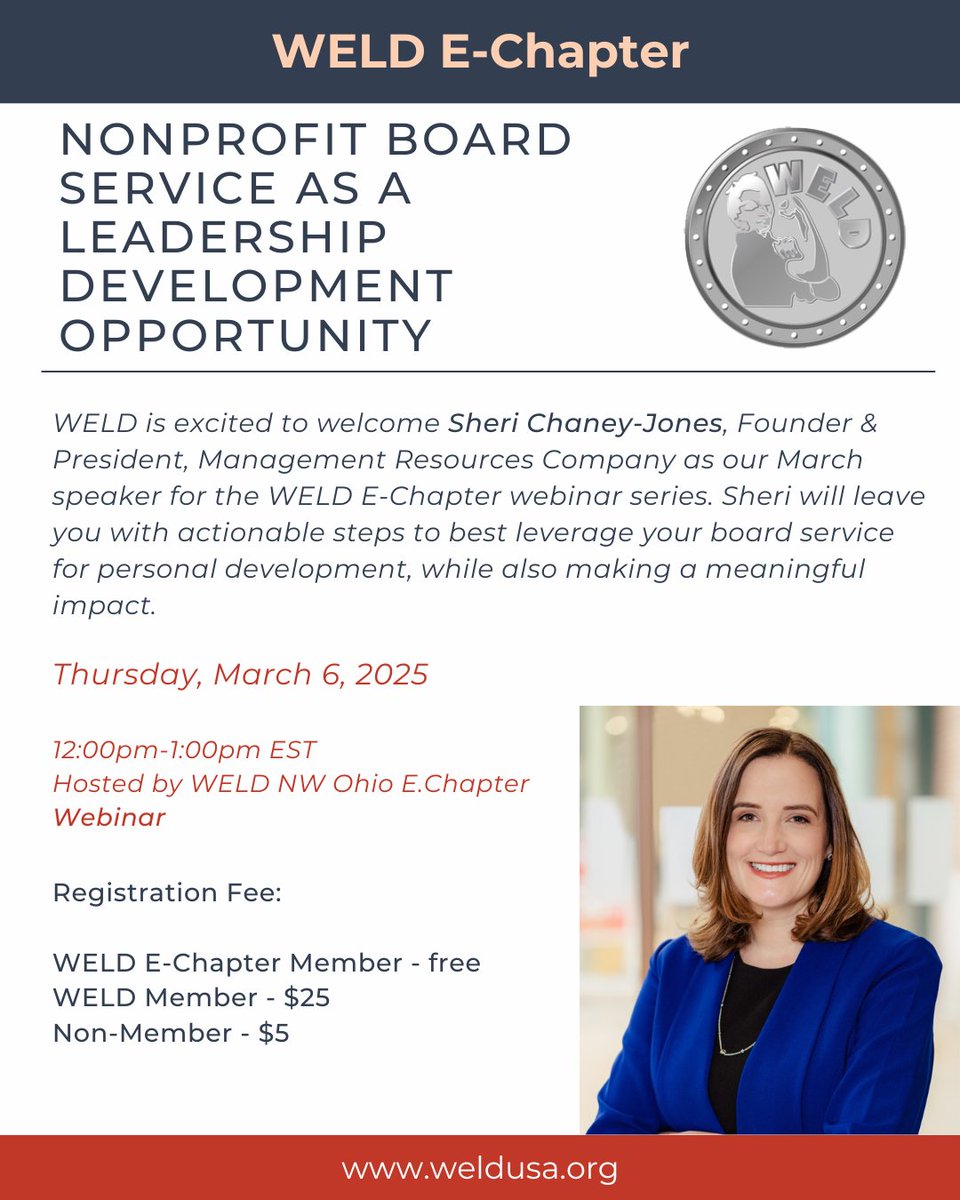 WELD_National's tweet photo. Join us for WELD’s March E-Chapter webinar featuring Sheri Chaney Jones! 🌟 Learn how nonprofit board service enhances leadership skills while making a community impact. Don’t miss this opportunity—register now: https://t.co/gFWIqqdJnE

#WELDUSA https://t.co/RPhED9iXFJ