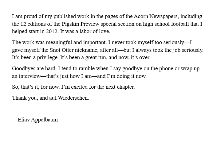 I am no longer sports editor at the Acorn Newspapers.

Thank you to everyone who has been a part of this journey that started for me at the paper in 2007.

It was a great run, and now, it's over.

The next chapter begins now.