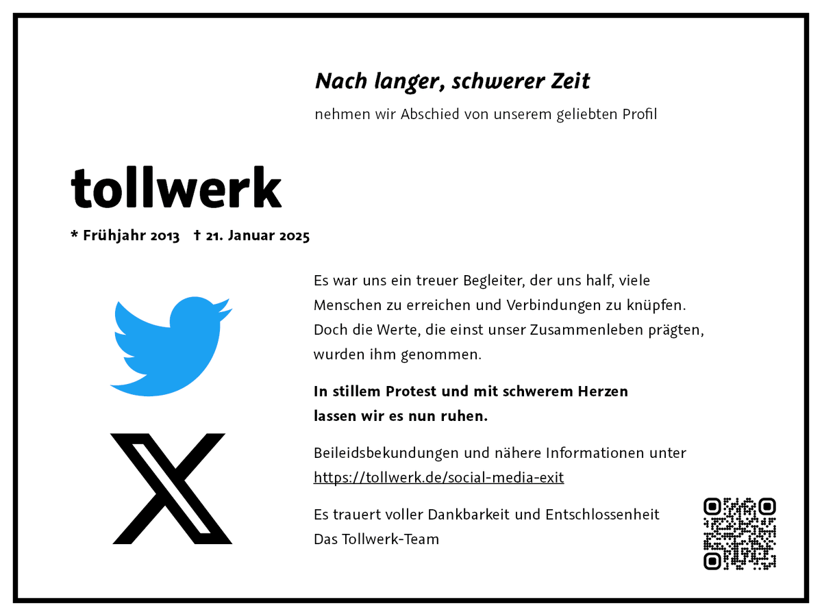 Nach fast 12 Jahren legen wir dieses Konto still, da die Werte der Plattform nicht mehr mit unseren vereinbar sind. Wir stehen für Respekt, Offenheit und Toleranz. Mehr unter tollwerk.de/social-media-e…. Folge uns auf linkedin.com/company/tollwe… &amp; mastodon.social/@tollwerk. Danke für alles