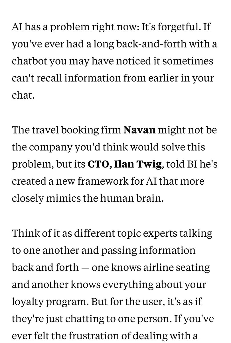 “The travel booking firm <a href="/Navan/">Navan</a> might not be the company you'd think would solve this problem, but its CTO, <a href="/itwig/">Ilan Twig</a>, told <a href="/BusinessInsider/">Business Insider</a> he's created a new framework for AI that more closely mimics the human brain.” 

Thanks for inclusion in Davos Day 2! <a href="/HughLangley/">Hugh Langley</a>