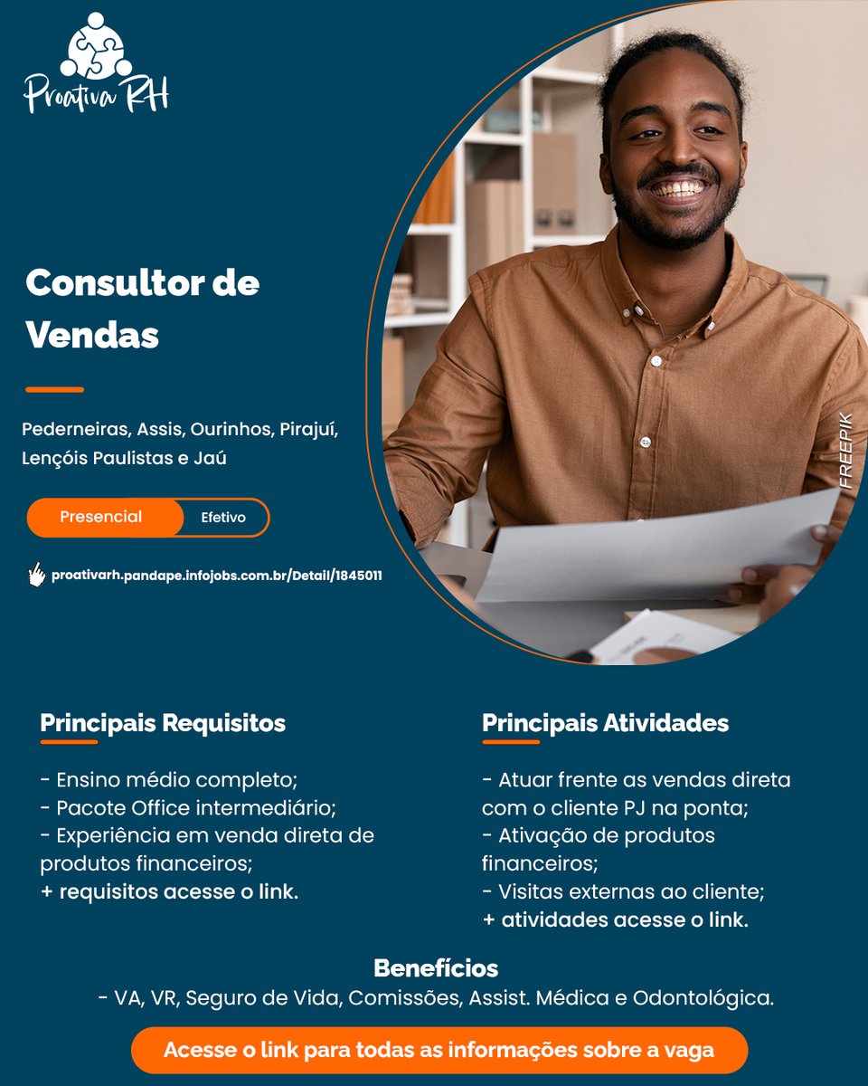 NOVA OPORTUNIDADE • Consultor de Vendas em Pederneiras, Assis, Ourinhos, Pirajuí, Lençóis Paulistas e Jaú

🧑🏽‍💻  Para mais informações sobre a vaga e inscrição, acesse: proativarh.pandape.infojobs.com.br/Detail/1845011

🏢 Modelo presencial

📑 Efetivo

#Emprego #VagaEfetiva #ProativaRH #TeamProativa