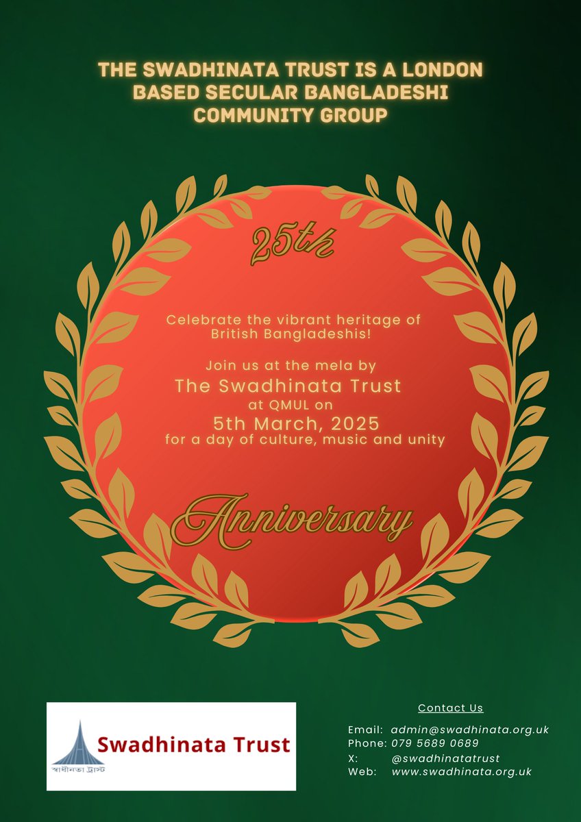 swadhinata trust (@swadhinatatrust) on Twitter photo Just after one meeting yesterday the Assistant Producers have come up with a flyer for <a href="/QMUL/">Queen Mary University of London</a> Fresher's Fair starting tomorrow to publicise our Swadhinata Trust Mela 2025
#SwadhinataTrust25 Just after one meeting yesterday the Assistant Producers have come up with a flyer for <a href="/QMUL/">Queen Mary University of London</a> Fresher's Fair starting tomorrow to publicise our Swadhinata Trust Mela 2025
#SwadhinataTrust25