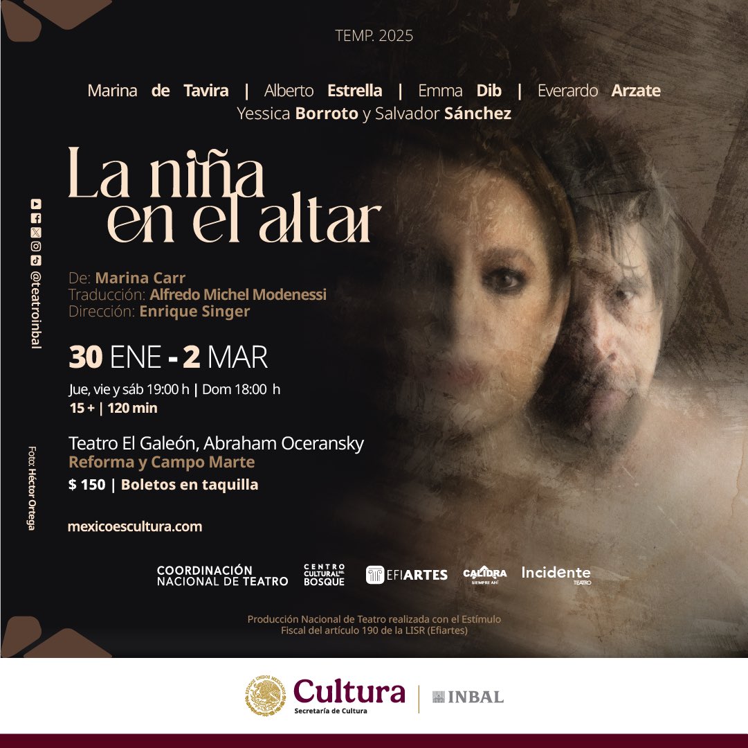 bellasartesinba's tweet photo. Marina de Tavira, Alberto Estrella, Emma Dib, Everardo Arzate, Yessica Borroto y Salvador Sánchez conforman el elenco de "La niña en el altar", la historia de una mujer que clama justicia en un mundo patriarcal, una reescritura de “Ifigenia en Áulide”, de Eurípides, y de “Agamenón”, de Esquilo.

Funciones del 30 enero al 2 marzo.
Teatro El Galeón, Abraham Oceransky.
Boletos: https://t.co/9FE4NtmkBQ
@teatroinbal