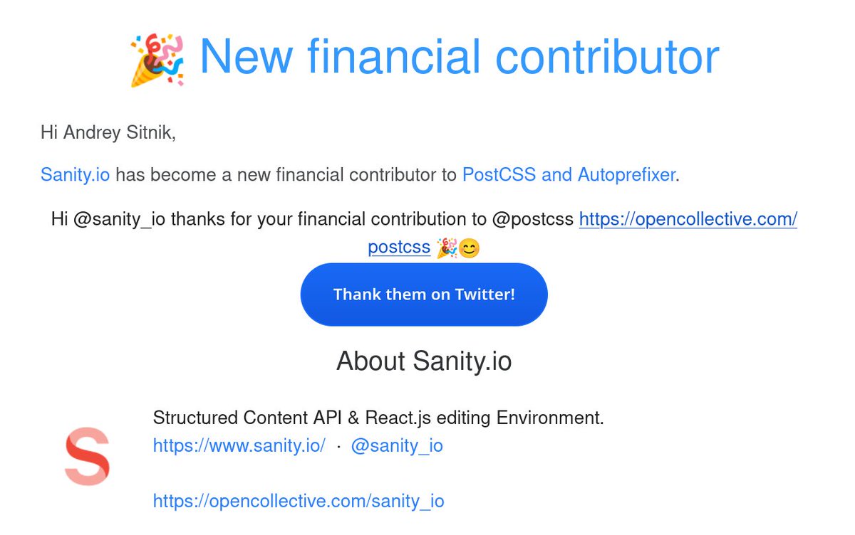 @sitnik_en@mastodon.social (@sitnikcode) on Twitter photo Big thanks to <a href="/sanity_io/">Sanity</a> for supporting PostCSS development! Emails like this truly make my day.
Do you also want to help open source projects powering your businesses? Support us here:
opencollective.com/postcss
github.com/sponsors/ai Big thanks to <a href="/sanity_io/">Sanity</a> for supporting PostCSS development! Emails like this truly make my day.
Do you also want to help open source projects powering your businesses? Support us here:
opencollective.com/postcss
github.com/sponsors/ai