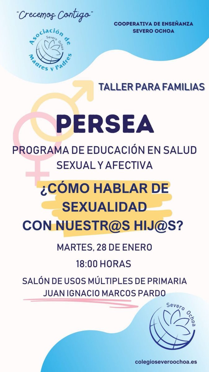 📝 Taller: "¿Cómo hablar de sexualidad con nuestr@s hij@s?"   📅 Martes, 28 de enero - 🕕 18:00   📍 C.E. Severo Ochoa, Sala de Usos Múltiples

Organizado por la AMPA Severo Ochoa, parte del Programa Persea.   ¡No faltes! #Educación #Familias #Salud #Comunidad #JuntosSumamos