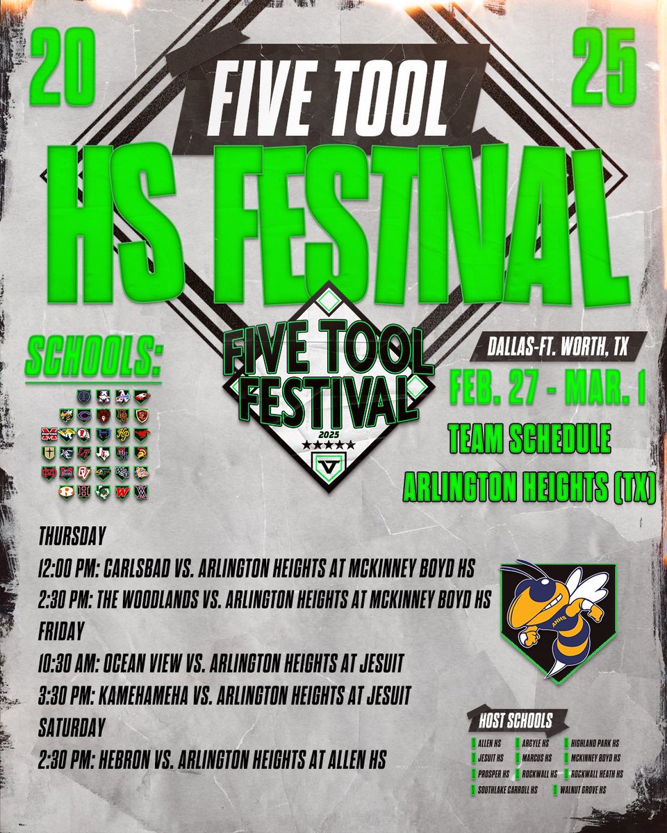 Arlington Heights Baseball (@heights_bsb) on Twitter photo Excited and honored to be playing in this year's <a href="/FiveTool/">Five Tool Baseball</a> HS Festival! Five tremendous games for the Yellow Jackets in store Feb. 27-March 1 across DFW! #ayyyheights Excited and honored to be playing in this year's <a href="/FiveTool/">Five Tool Baseball</a> HS Festival! Five tremendous games for the Yellow Jackets in store Feb. 27-March 1 across DFW! #ayyyheights