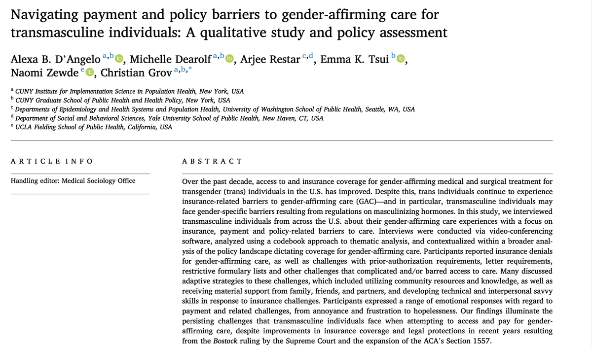 Alexa_the_human's tweet photo. Thank you to @socscimed for publishing our paper—which takes a gender-specific approach to look at the barriers transmasc individuals face when seeking to access and pay for gender-affirming care—also underscoring folks adaptive strategies around barriers.
https://t.co/pGHvtmwLqH https://t.co/eQYsu0xlor