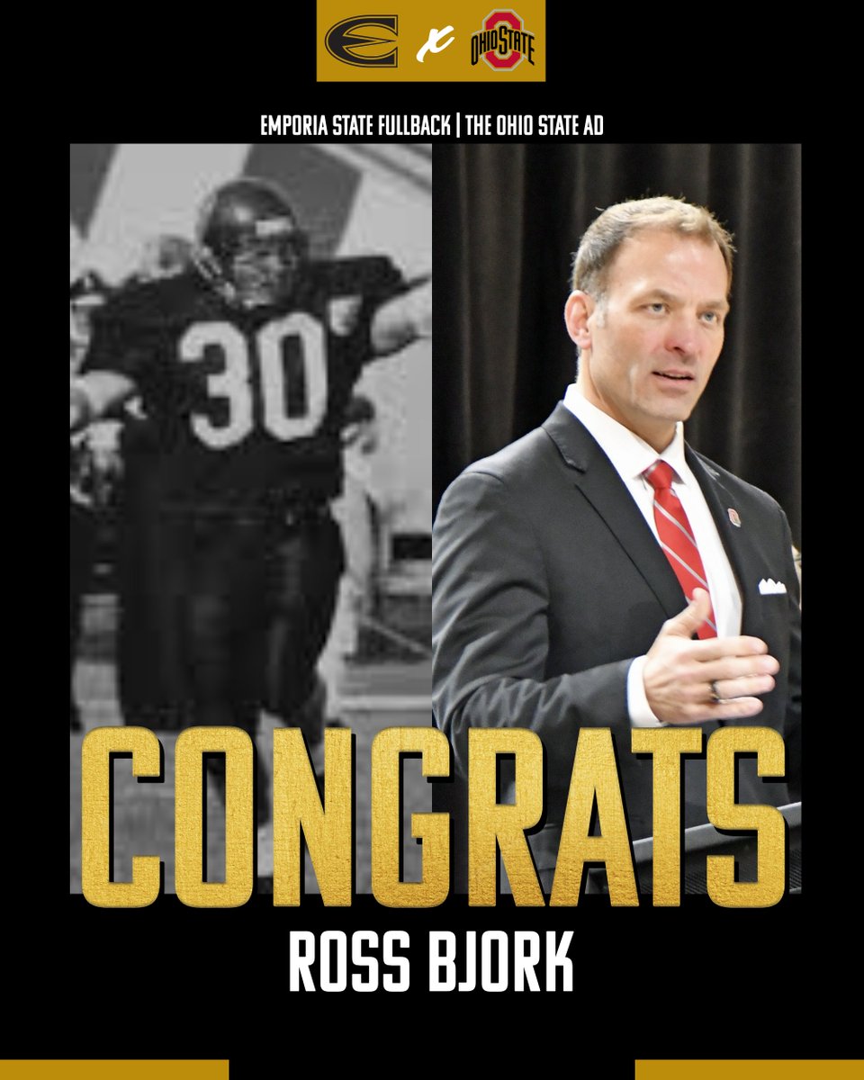 ESUSports's tweet photo. Congrats to former @esuhornetsfb fullback and current @OhioStAthletics Athletic Director @RossBjorkAD on the Buckeyes College Football Playoff National Championship. #StingersUp #GoBucks https://t.co/s3JFz1NxGe