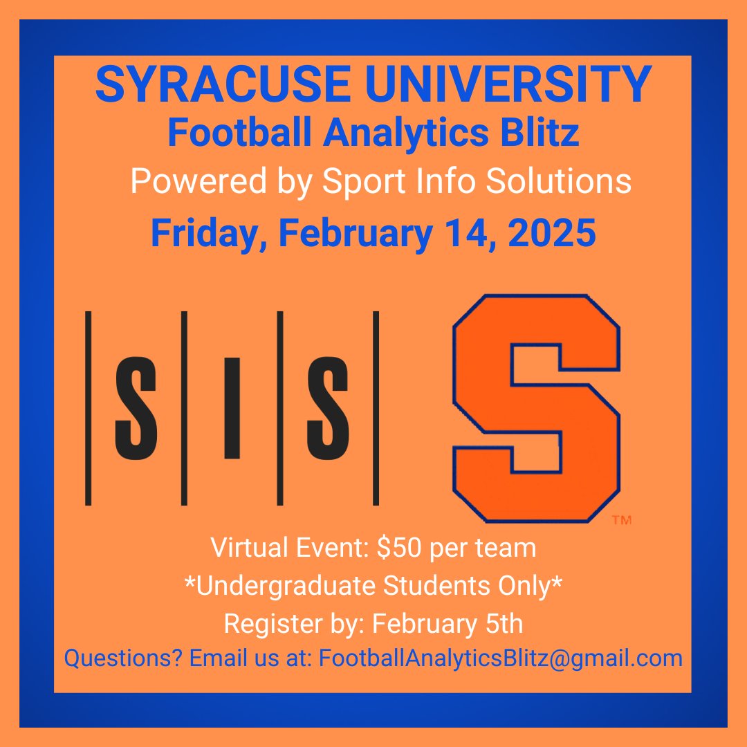 CuseAnalytics's tweet image. We're excited to announce that the Football Analytics Blitz is back! Registration is open from now until February 5th! More information to come soon.

Register here: syracuseuniversity.qualtrics.com/jfe/form/SV_bH…