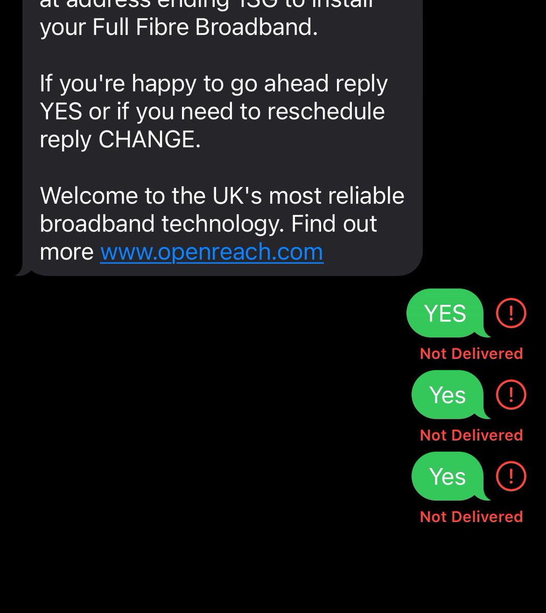 R4chMarshall's tweet photo. @WeAreOpenreach Have had text asking to confirm new installation but my reply is not going through, despite multiple attempts. Can you help please? I don’t want installation to be cancelled!! 
Thanks https://t.co/uKRK6n7coF