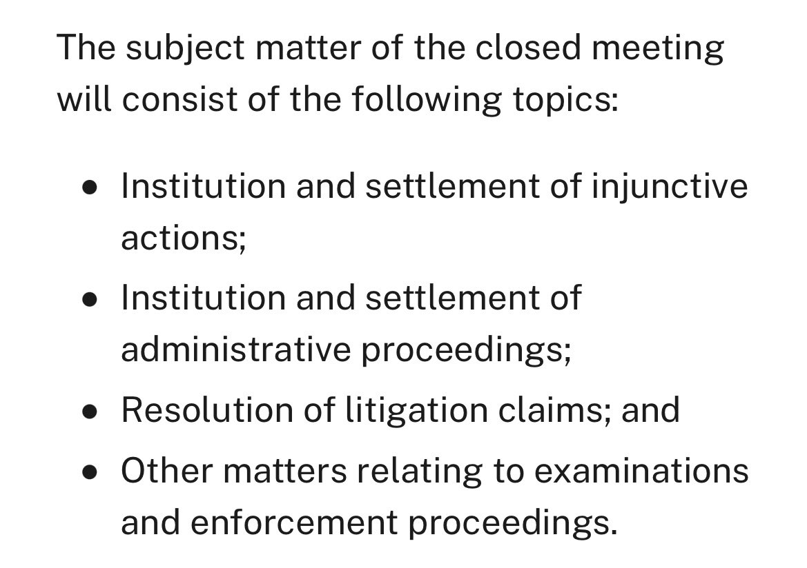 EleanorTerrett's tweet photo. 🚨NEW: The @SECGov will hold its first closed meeting since @MarkUyedaUS took over as acting chair on Thursday. 

On the agenda: https://t.co/WMDHzWQIeY