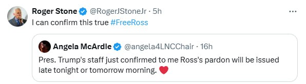 SamiGames21's tweet photo. Roger Stone bestätigt, dass Ross Ulbricht eher früher als später begnadigt wird. 
 #Bitcoin https://t.co/OKDu67V78e