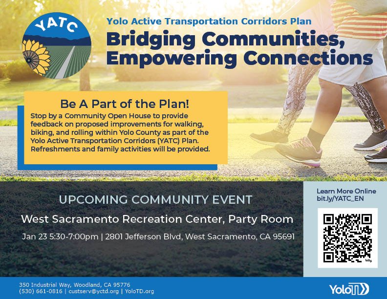 YoloCommute's tweet photo. Join YoloTD for a community open house and share your input on Phase 2 of the Yolo Active Transportation Corridors (YATC) Plan! Drop by the W. Sac Recreation Center, January 23, between 5:30pm-7:00pm. Help shape safer, more accessible biking and walking routes across Yolo County. https://t.co/stHejK1JaD