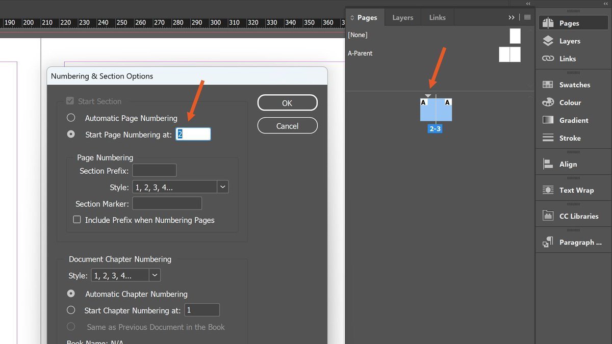 HighlanderTrltd's tweet photo. Want your InDesign document to start on a left page for a two-page spread? Simply double-click the small triangle above page 1 in the Pages panel &amp; set "start page numbering at" to 2. Job done. #InDesign https://t.co/g4V77nHws4
