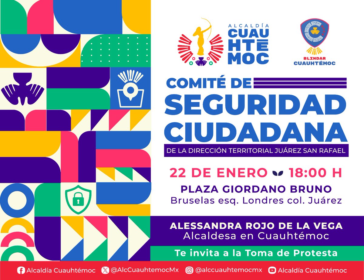 ¡Por una comunidad más segura!
Acompáñanos en la Toma de Protesta del Comité de Seguridad Ciudadana de la Dirección Territorial Juárez San Rafael.
📅 22 de enero
⏰ 18:00 h
📍 Plaza Giordano Bruno (Bruselas esq. Londres, col. Juárez)
¡Unidos por el bienestar de nuestra alcaldía!