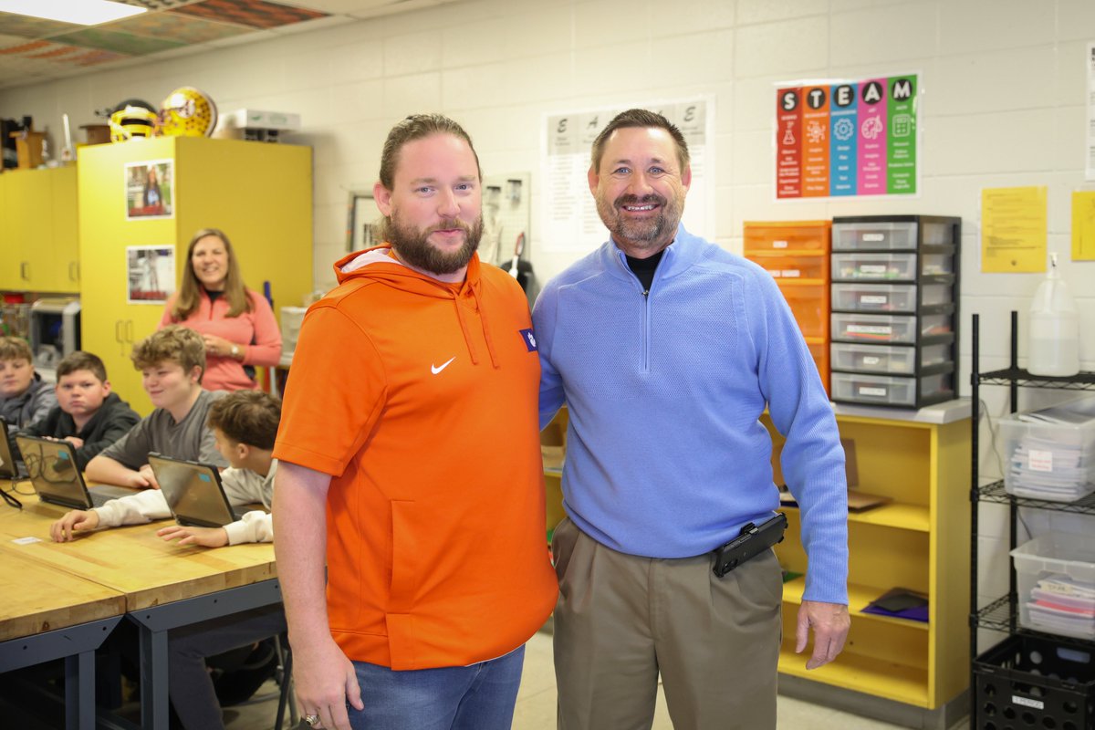SpartanburgD2's tweet photo. As part of School Board Appreciation Month, our Trustees are making special visits to our campuses. #D2DifferenceMakers
Recently, Mr. David Garner spent some time at Chesnee Middle School.
During his stay with the Eagles, he saw the awesome weight room that has recently been installed at the school, spent time with CMS Teacher of the Year Jeremy Baughman and talked about the school winning the Foothills Conference Championship in Wrestling, heard about the sharks and minnows game from Lilly in PE class, and got a drumming lesson from Messiah in Mrs. Keeling's music class.
We are so thankful for Mr. Garner and all of our wonderful Board Members!