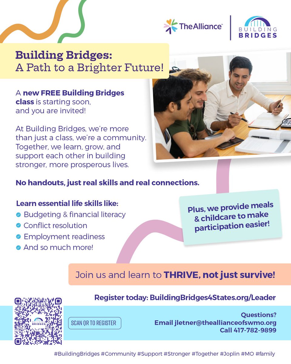 Your future starts here! 🌟 Our FREE Building Bridges class is all about learning real-life skills like budgeting, conflict resolution, and job readiness while connecting with a supportive community. Meals &amp; childcare provided!

Sign up today at BuildingBridges4States.org/Leader