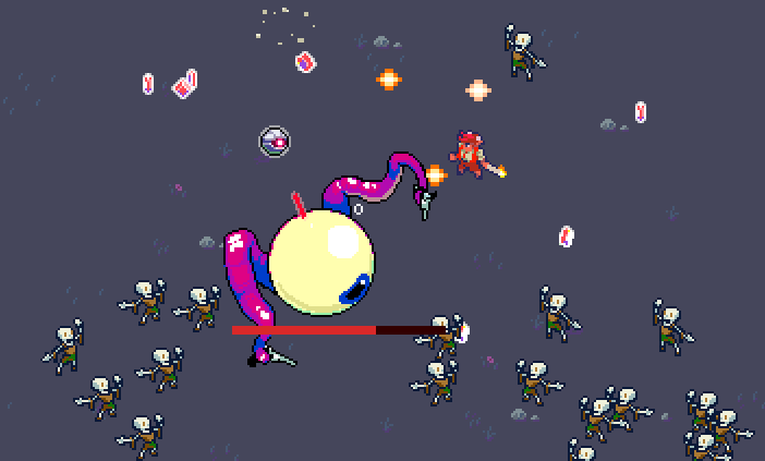 keithburgun's tweet photo. This is Laser Champ, shooting at a scary eyeball boss. Hate to see this kind of violence, you'd think they'd see eye to eye #scaryworld #gamedev #pixelart #indiedev https://t.co/4HpewG5lUz
