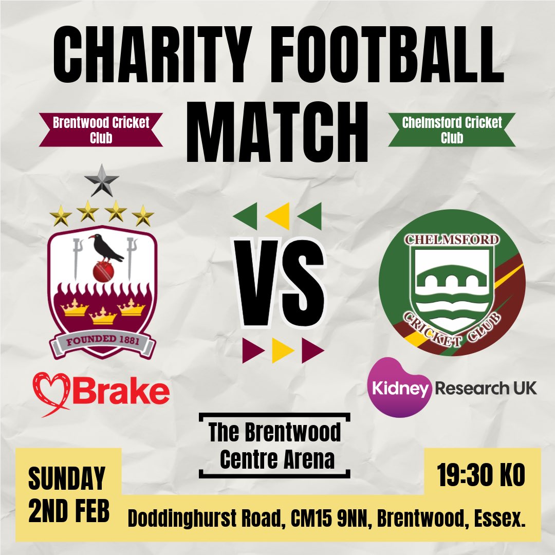 🏏✖️⚽️

We are swapping our cricket bats for football boots in a Charity Match against Brentwood Cricket Club. 

📆 Sunday 2nd February.
⏰ 7:30pm kick-off.
🏟️ The Arena, Brentwood Centre. 
🆚 <a href="/Brentwood_cc/">Brentwood Cricket Club</a> 

Chelmsford - <a href="/Kidney_Research/">Kidney Research UK</a>
Brentwood - <a href="/Brakecharity/">Brake, the road safety charity</a>